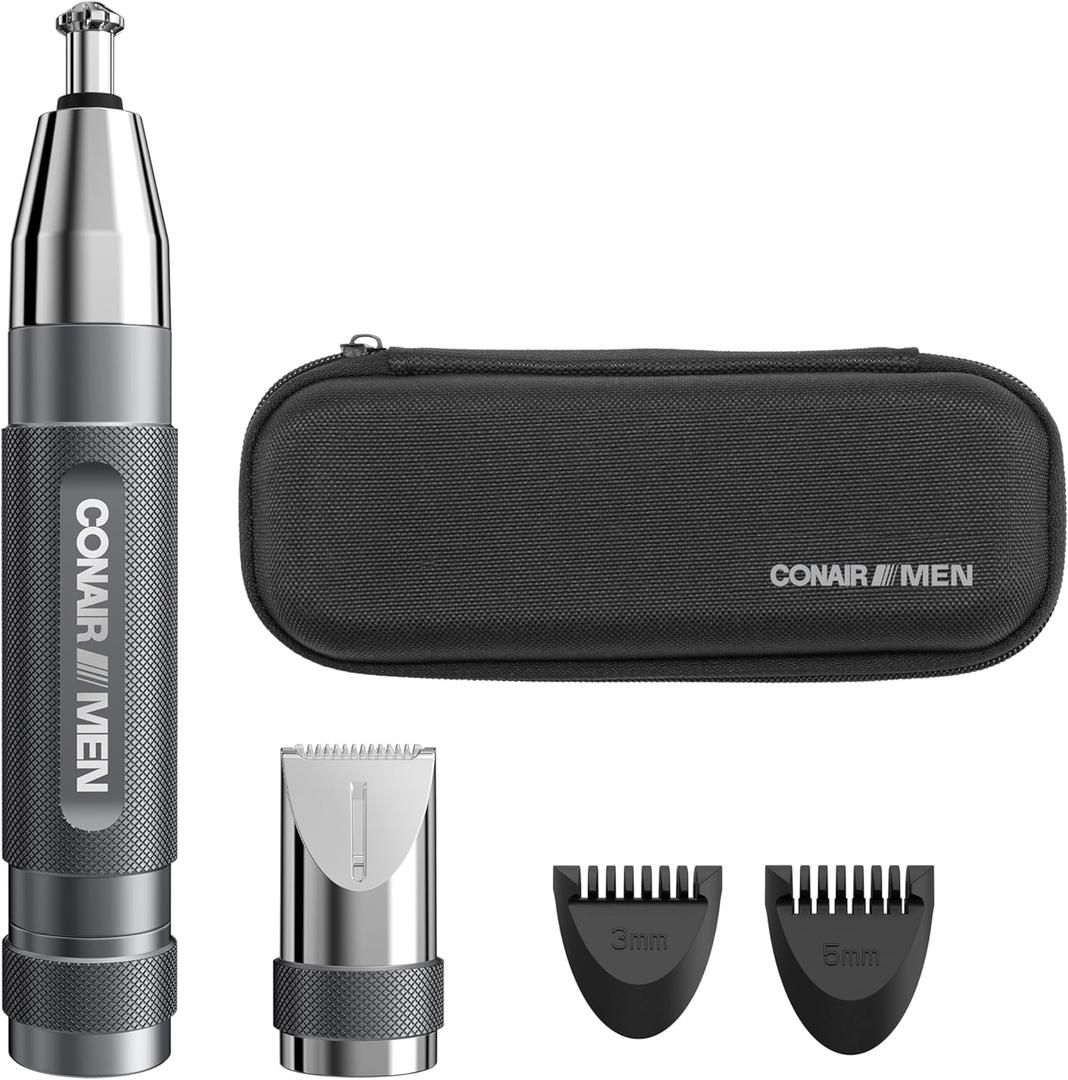 Conair Men Ear, Nose and Eyebrow Trimmer, Patented 360 Bevel Blade for No Pulls, Nicks or Cuts, Nose Hair Trimmer for Men, Non-Slip Grip, 5-Piece Kit with Travel Case (1 Count (Pack of 1))