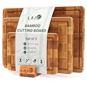 LAIFsolutions Wood Cutting Boards for Kitchen with Juice Groove, Eco-Friendly Wooden Bamboo Chopping board, Food-Safe, Non Plastic Tabla Para, Carbonized Butcher Block for Meat, Veggies Fruits, 3-Set