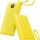 VRURC Portable Charger with Built-in Cables, 10000mAh LED Display USB C Power Bank, Slim Travel Battery Pack with 5 Output 2 Input Compatible with iPhone 17 16 15 13,Samsung,Android etc-Yellow(1 Pack)