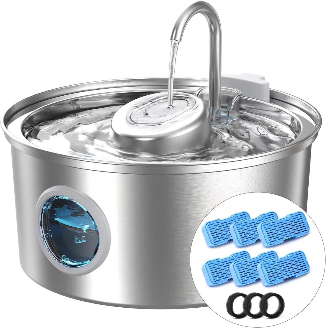 Cat Water Fountain Stainless Steel: 3.2L/108oz Cat Fountain with Water Level Window-Quiet Water Drinking Dispenser Pet Fountain Metal Kitty Spout for Cats with 6 Replacement Filters