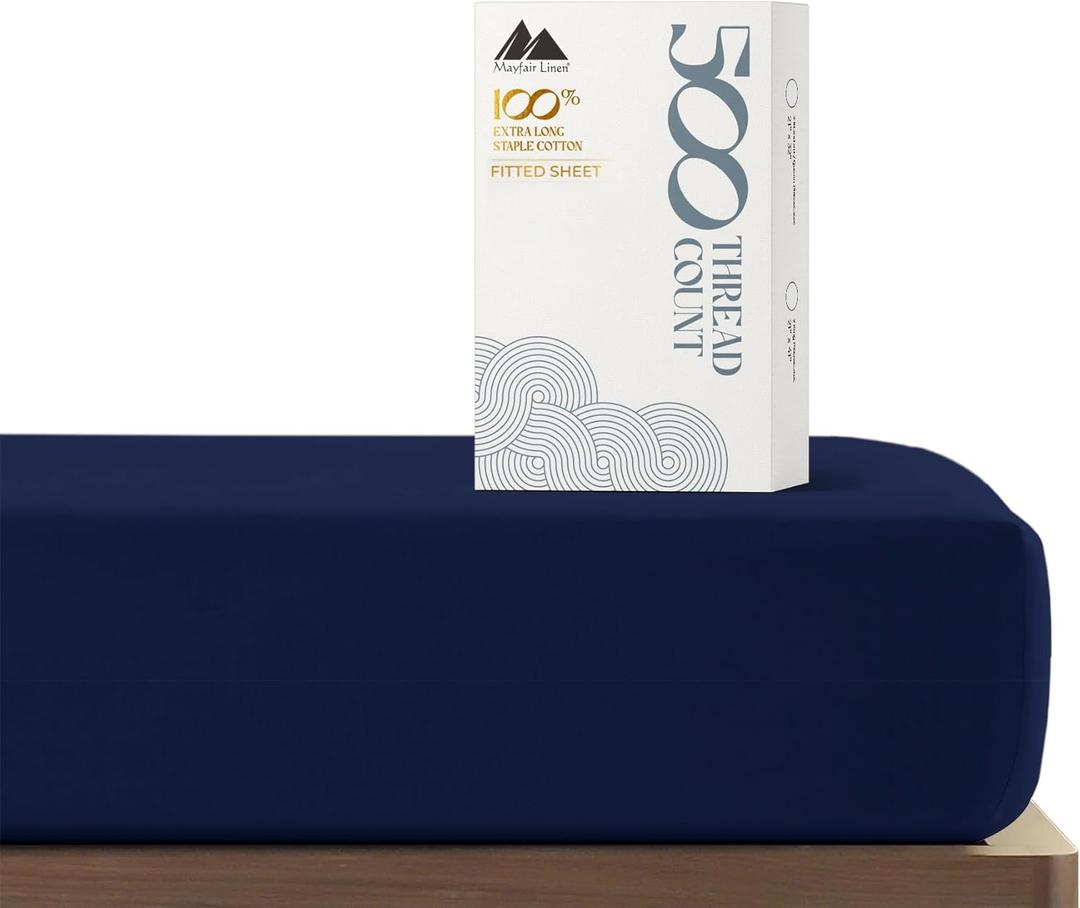 Mayfair Linen 100% Cotton Full Size Fitted Sheet Only - 500 Thread Count 16" Deep Pocket Full Size Fitted Sheet, Soft Cooling Durable Sateen No Pop-Off Elastic Bottom Sheet for Adults - Navy Blue