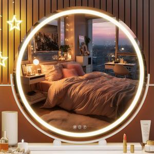 asipu Vanity Mirror with Lights, 23.6" LED Large Makeup Mirror, Lighted Makeup Mirror with Lights, Smart Touch Control 3 Colors Dimmable Round Mirror 360°Rotation White