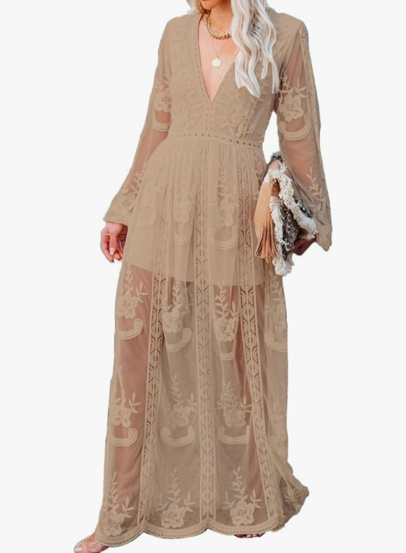 No Brand Women's Casual Off Shoulder Lace Maxi Dress Boho White Bridesmaid Wedding Evening Party Dresses L, 