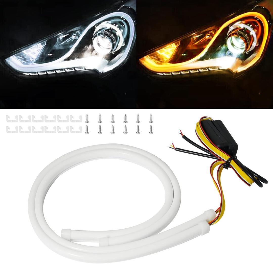 Qasim 24inch LED Daytime Running Light Sequential Guide Turn Signal Light White/Amber Flexible Car Light Strip Switchback 60CM-2Pack
