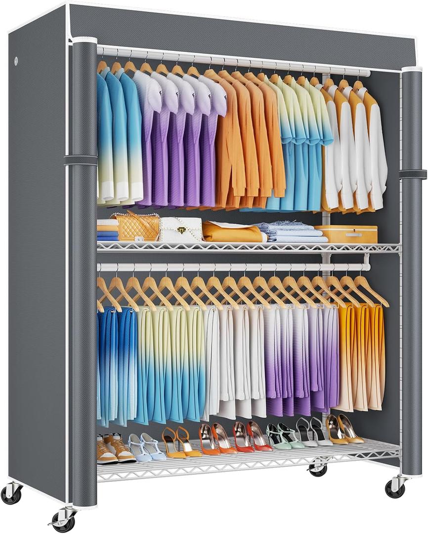 ULIFHOME P8C Max Heavy Duty Clothes Rack（With Extended Width Design） Rolling Clothing Racks for Hanging Clothes with Lockable Wheels，51.2" W x 15.8" D x 80.5" H，Load 700LBS，White Rack with Grey Cover