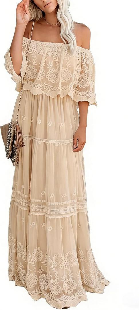 Women's Casual Off Shoulder Lace Maxi Dress Boho White Bridesmaid Wedding Evening Party Dresses, M