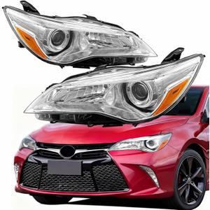 Pair Headlight Assembly Set For 2015 2016 2017 Toyota Camry SE LE XLE Hybrid Replacement Halogen Headlamps Driver and Passenger LH RH Side Chrome Housing Clear Lens OE Style (LH&RH)