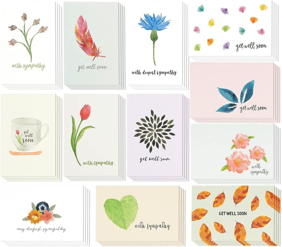 Best Paper Greetings Get Well Cards Assortment Box - 48 Pack, 4x6 Inch, 12 Floral Designs - Sympathy Cards with Envelopes & Blank Inside for Family Friends Coworkers