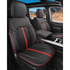 Leather Car Seat Covers for Dodge Ram 1500 4 Door 2019-2026 Crew Cab, Custom Fit Truck Seat Protectors Full Set, Black Red (BucketSeat with 40/60 Split Rear Flat Bench)