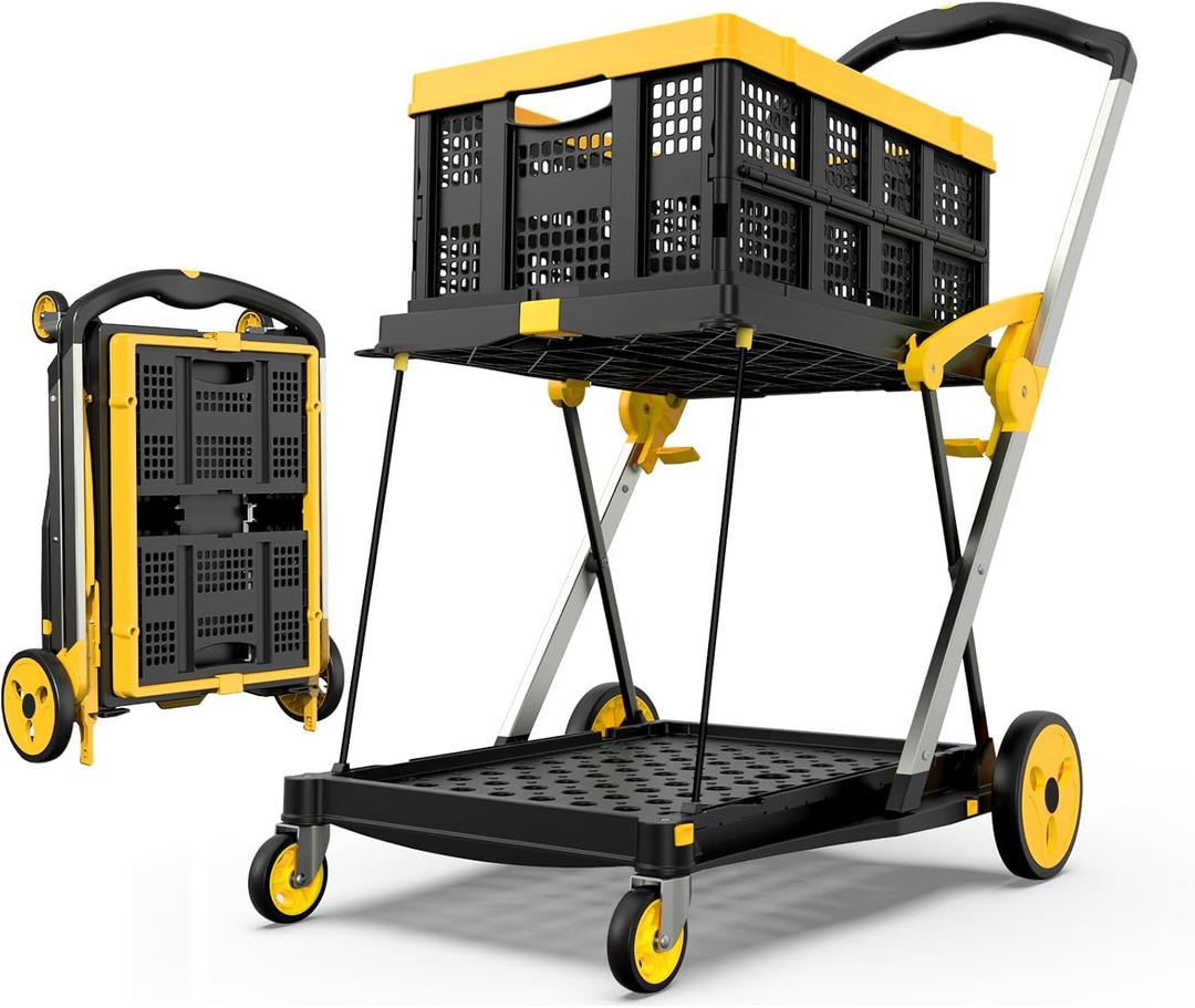 Collapsible Shopping Cart with Wheels, 200 lbs Capacity Grocery Cart on Wheels with Storage Crate, Platform Hand Truck with Foot Brake, Yellow