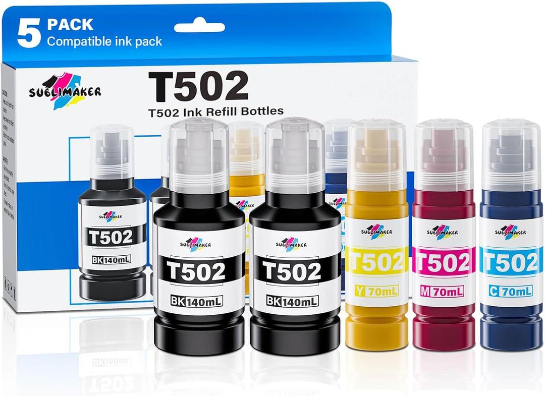 T502 Ink Refill Bottles (NotSublimation Ink) for Eco Tank ET-3760 ET-2850 ET-3850 ET-2760 ET-15000 ET-4850 ET-4760 ET-2750 ET-3750 ET-3830 Printers, Compatible Replacement for Epson T502 (5 Packs)