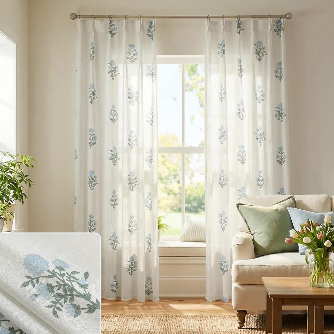 Blue Green Floral Curtains for Living Room, 84 Inch Light Blue and White Semi Sheer Patterned Linen Pinch Pleated Drapes, Vintage Botanical Modern Farmhouse Cottage Core Curtains for Bedroom Dining (36"W x 84"L (Pack of 2))