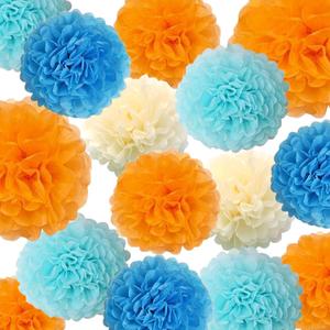 15PCS Blue Orange Party Decorations - Tissue Pom Poms Paper Flowers Streamers for Classroom Decor Graduations Blue Dog Birthday Backdrop Table Centerpieces Baby Shower Nursery Wall Ceiling Hangings