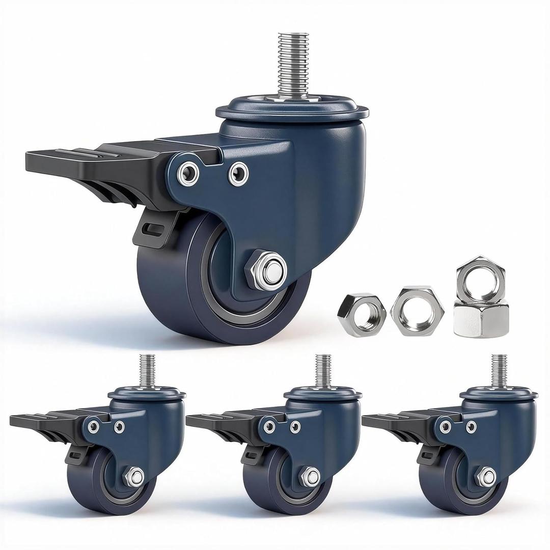 1.6 Inch Blue Polyurethane Caster Wheels, Metric M8-1.25 Threaded Stem (Screw Diameter 8mm, Length:15mm), Heavy Duty Casters Set of 4 with Locking Brakes, 450 lb Capacity for Furniture, Carts