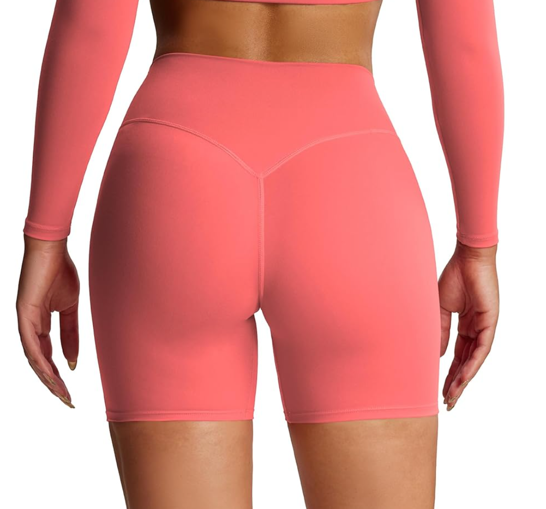 Aoxjox Metamorph Workout Biker Shorts for Women Tummy Control High Waisted Athletic Gym Running Deep V Yoga Short 6" (Spiced Coral, XX-Small)