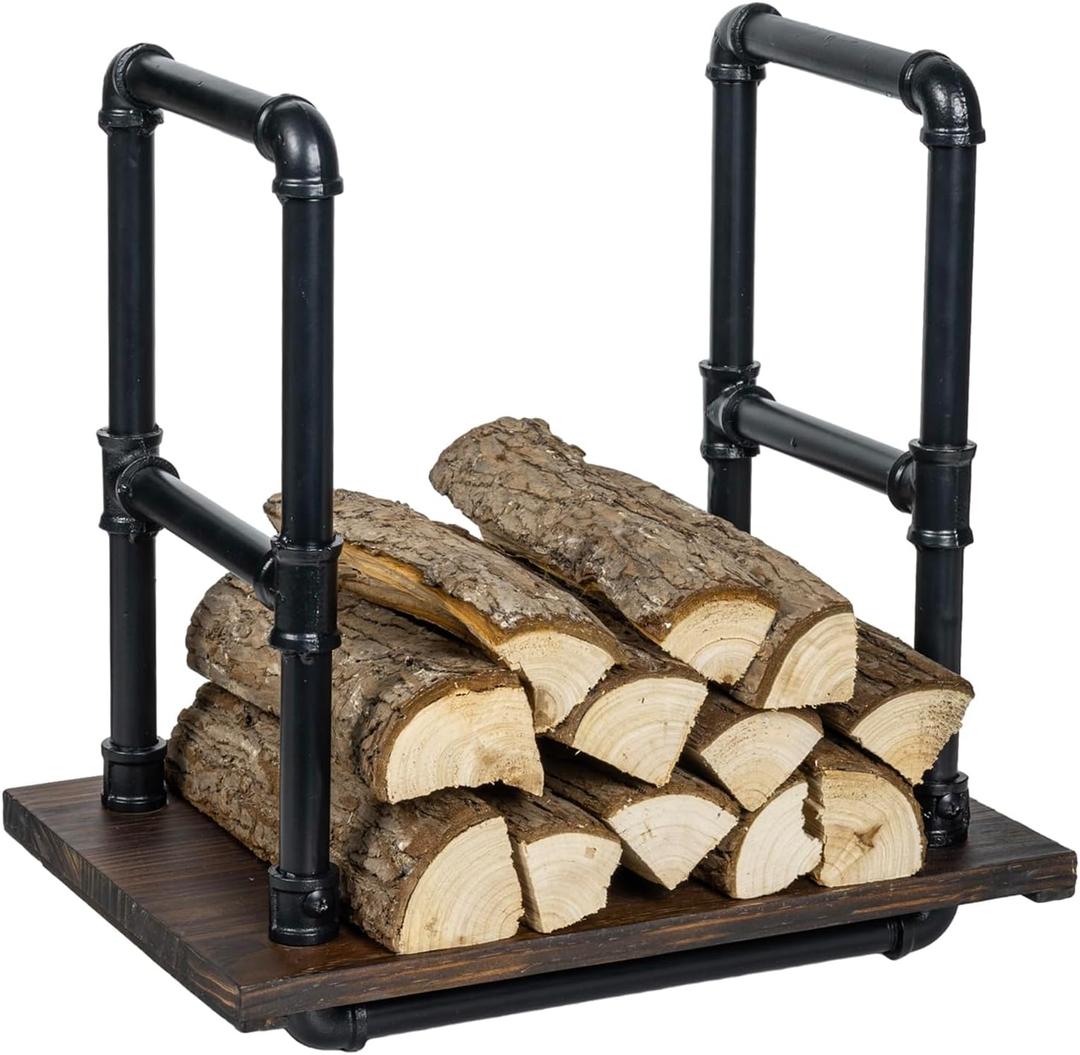 MyGift Modern Industrial Firewood Rack with Matte Black Metal Pipe Rails and Rustic Burnt Solid Wood Base, Compact Freestanding Fireplace Fire Starter Kindling Split Log Holder