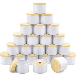 24-Pack 4oz Candle Tins with Wood-Grain Printing Lids, Metal Candle Jars for Candle Making, Bulk Empty Containers for Beginners & DIY Storage - Wood White