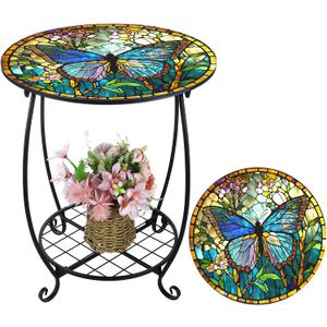 Outdoor Side Table Round Small Mosaic Patio Accent Indoor End Plant Metal Coffee Tea Table for Yard Porch Garden Patio Living Room, Bedroom(Butterfly Style,16 Inch)