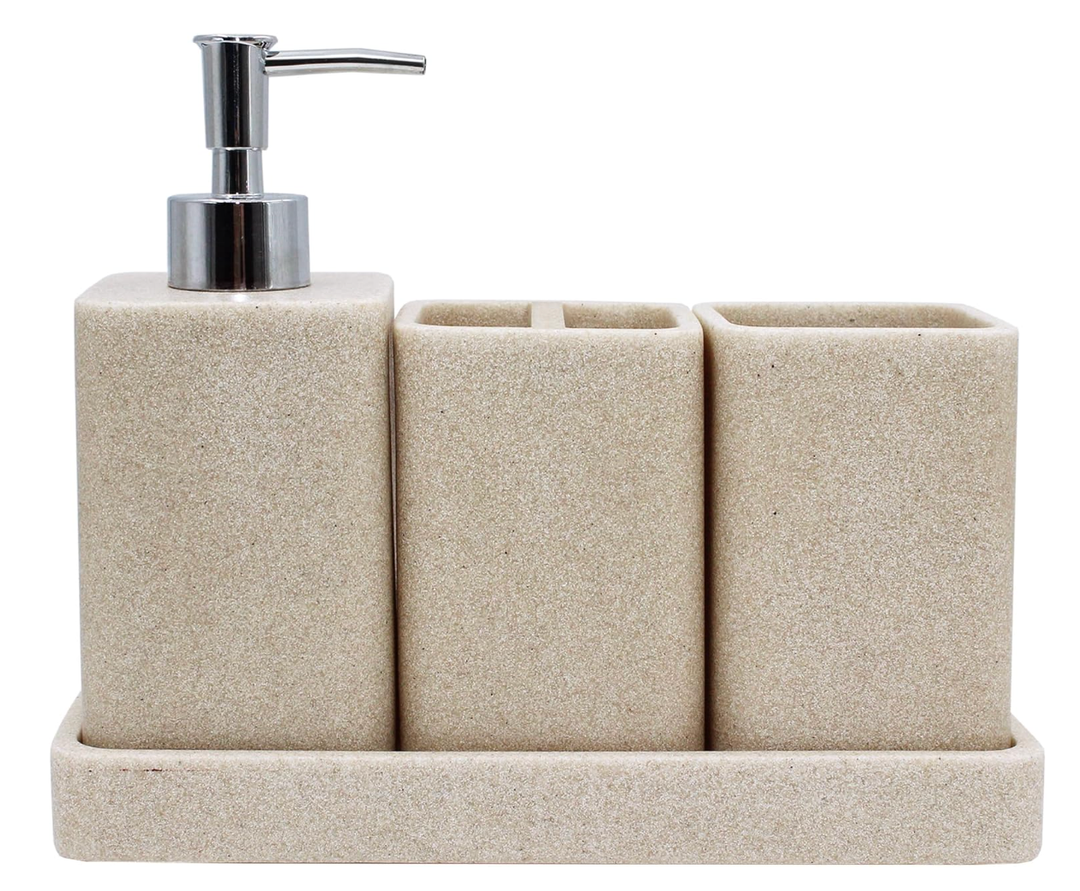 YMXYJM Bathroom Accessories Set, 4 Pcs Bathroom Accessory Set, Soap Dispenser, Toothbrush Holder, Qtip Holder Set, Bathroom Sets Complete, Bathroom Sink Set for Modern Home, Beige