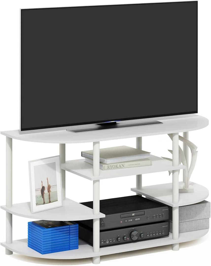 Furinno Jaya TV Stand, 4-Tier Open Shelf Design Corner Entertainment Center with Round Corner, TV Console for TV up to 46 Inch, Toolless Assembly, for Living Room, Bedroom, White