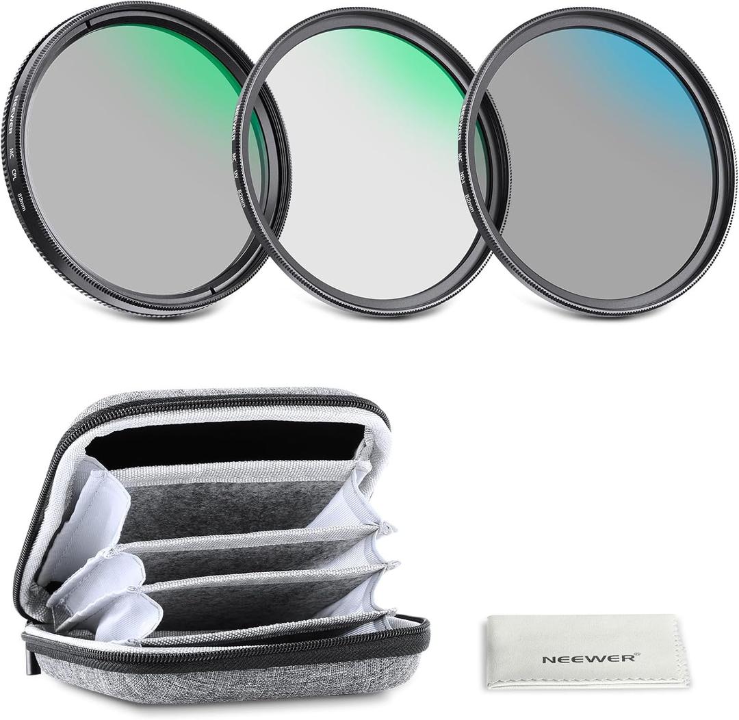 NEEWER 82mm UV/CPL/ND Lens Filter Kit with Hard Shell Storage Case, Multicoated Optical Glass & Aluminum Alloy Frame, UV + Circular Polarizer (CPL) + Neutral Density (ND4) Filter for 82mm Camera Lens