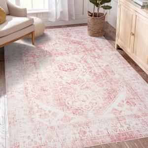 3x5 Washable Pink Area Rug, Upgraded Denser Surface Vintage Rugs, Honeycomb Non-Slip Backing Living Room Rug, Easy Care Foldable Rugs for Living Room Bedroom Kitchen Dinning Room Home Office