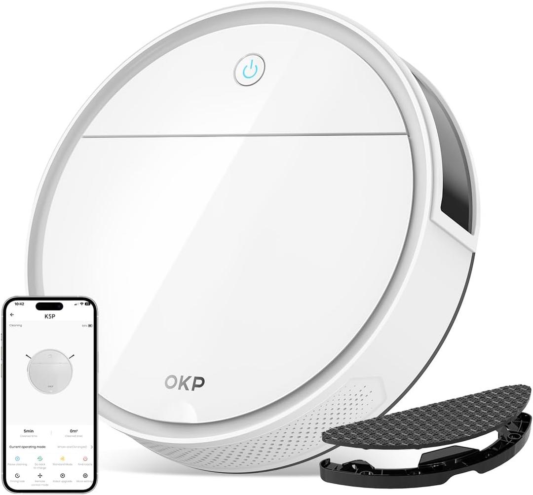 OKP K5 Pro Robot Vacuum and Mop, 3 in 1 Mopping Robotic Vacuum with 5000Pa Suction Power, 180 Mins Runtime, Quiet Design, Wi-Fi/APP/Alexa/Remote Control, Good for Hard Floors and Pet Hair Pick Up (Ivory)