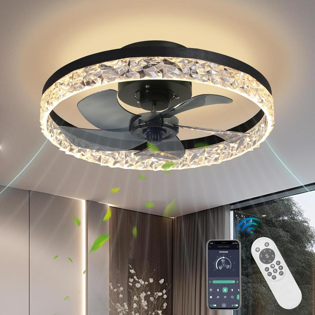 Crystal Ceiling Fans with Lights,19.7" Flush Mount Ceiling Fan with Remote,Low Profile,Reversible,Noiseless,Dimmable,Black Fandelier Chandelier Ceiling Fan for Bedroom.