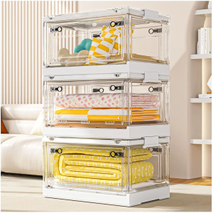 CTSNSLH 144QT Clear View Stackable Storage Bins with Lids, Collapsible Storage Bins with Doors and Wheels, Large Closet Organizers and Storage for Home, Dorm(48QT*3)