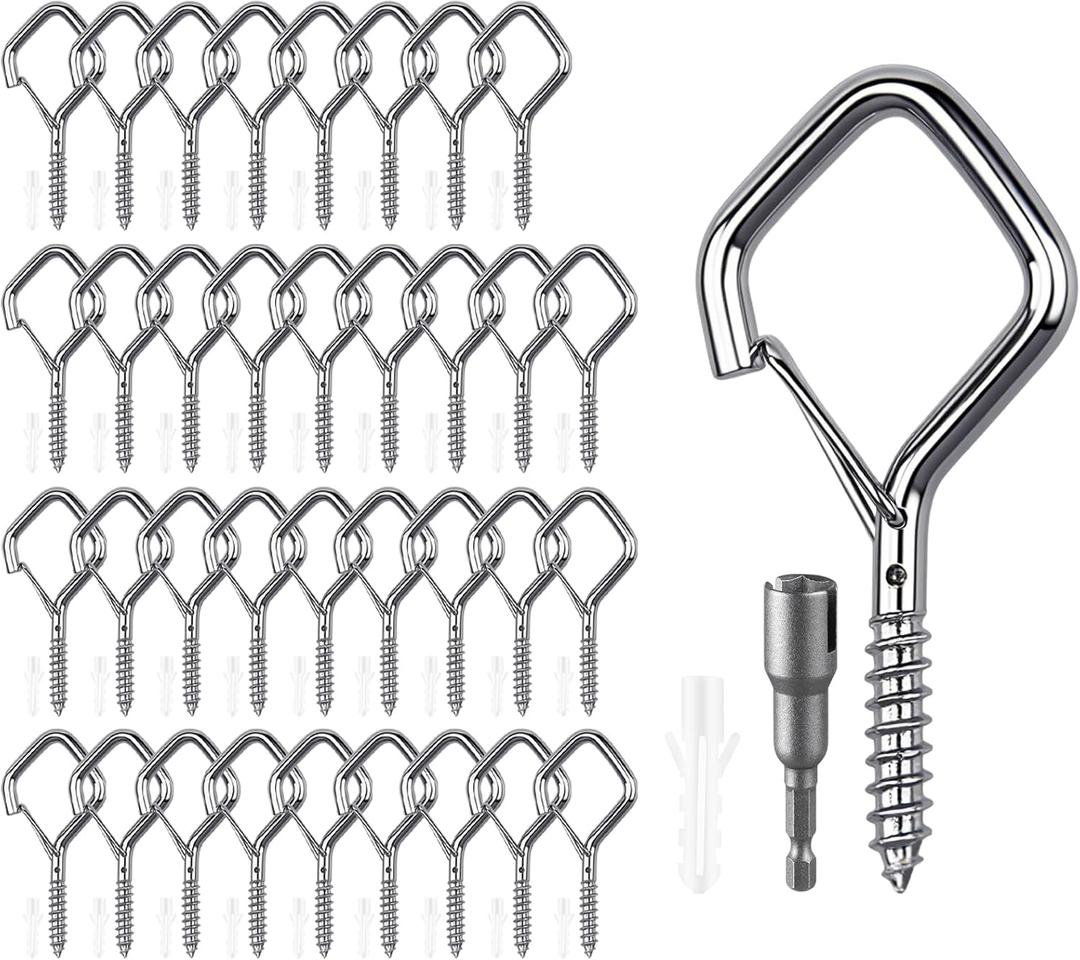 36 PCS 304 Stainless Steel Ceiling Hooks for Hanging Plants, Wind Chimes, String Lights Decorations  Heavy Duty Screw Hooks with Safety Buckle, Ideal for Indoor and Outdoor Use