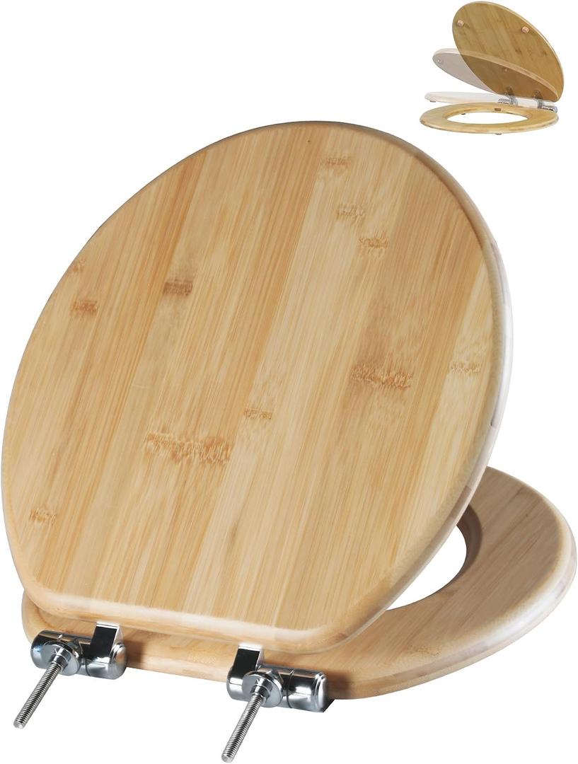 Angol Shiold ROUND Bamboo Wood Toilet Seat Soft Close Zinc Alloy Strong Hinges, Light, Easy to Install & Clean, Up to 400 lbs (Round 16.5", Natural Bamboo)