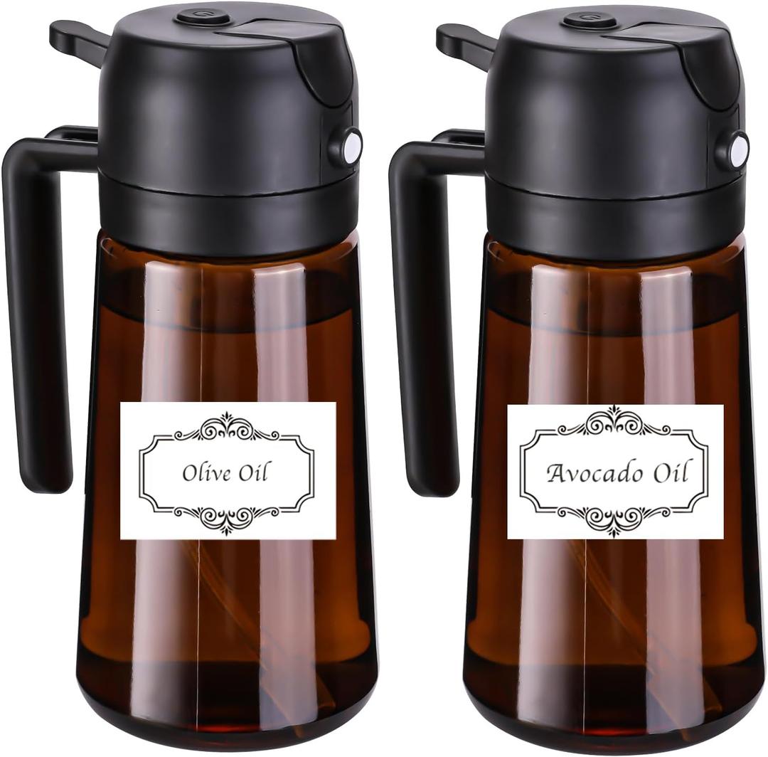 (2-Piece) Olive Oil Dispenser and Oil Sprayer for Cooking with Labels, 16oz/470ml Glass Oil Bottle Coated Brown, 2 in 1 Olive Oil Dispenser Bottle for Kitchen, Oil Mister for Air Fryer, Salad, Frying