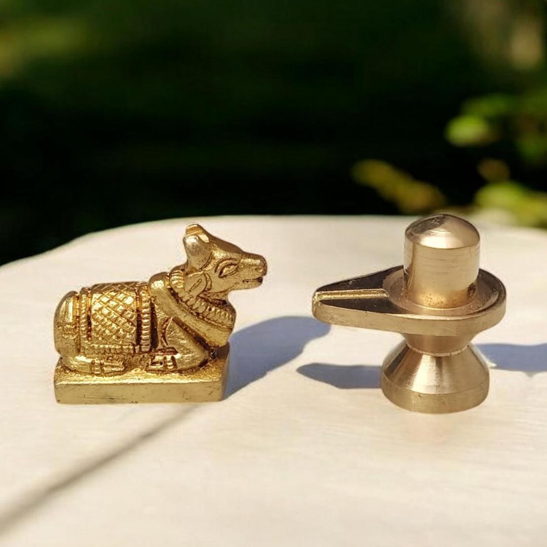 Brass Shivling with Nandi Statue, Religious Hindu Temple Idol Shivling Nandi Idol - 1" Inch for Temple Pooja and Decor Idea - Best for Car Dashboard Idea