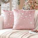 Ohok Set of 2 Christmas Velvet Pillow Covers Hot Foil Stamping Pattern Throw Pillow Covers for Farmhouse Home Decor Sofa Couch Bed Bedroom Living Room (Silver Snow Pink, 24x24-Inch)