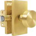 Satin Brass Zinc Alloy Passage Door Knob, Round Lever Handle with Rectangular Backplate, Hallway Closet Bedroom Bathroom Interior Hardware, Pack of 1