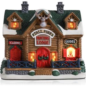 VCUTEKA Christmas Village House Lighted Indoor Decorations Hunting Lodge with LED Light Christmas Village Collectible Buildings Figurines Ceramic House Light up Figurine for Holiday Xmas Decor