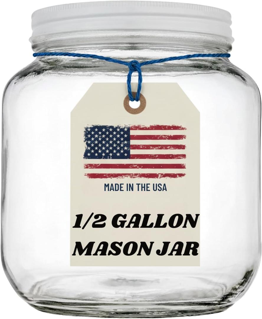 Half Gallon Glass Large Mason Jar Wide Mouth with Airtight Metal Lid - 1/2 Gallon (64oz) Capacity - Pickling, Storing and Canning- BPA-Free Dishwasher Safe- By Kitchentoolz - Made in USA