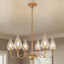 6-Light Farmhouse Brass Gold vintage Chandelier 23.6 Inch - Rustic Industrial Iron Candle Hanging with Clear Glass Shades - Dining Room Lighting Fixture for Hallway, Living Room, Foyer, Kitchen Island