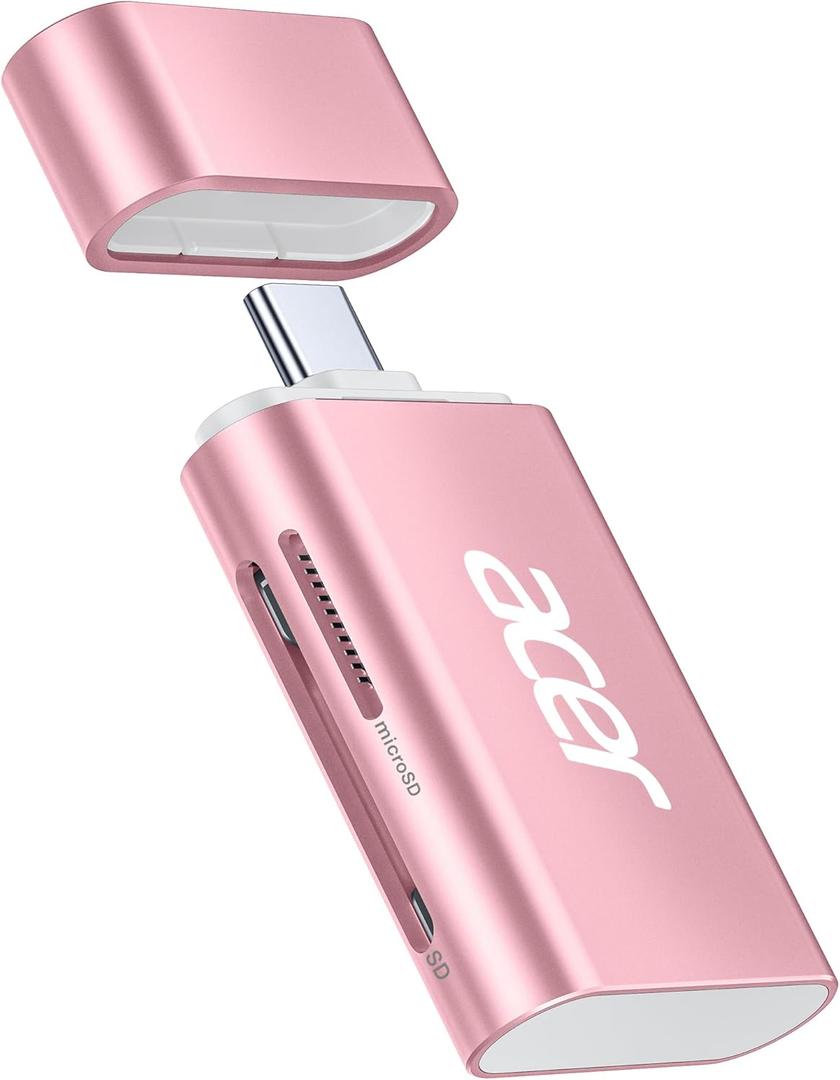 Acer USB C SD 4.0 Card Reader, 2 in 1 UHS-II Micro SD Card Reader to Type C Adapter for MicroSD, SDXC, SDHC, RS-MMC Compatible with iPhone 15/16, MacBook Pro/Air, Laptop, Tablet(Pink)