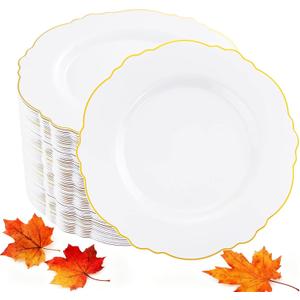 WDF 60pcs Gold Dessert Plates-7.5inch Baroque White and Gold Small Plastic Plates/Disposable Dessert/Salad/Cake/Appetizer Plastic Plate for Upscale Thanksgiving Parties/Wedding/Birthday
