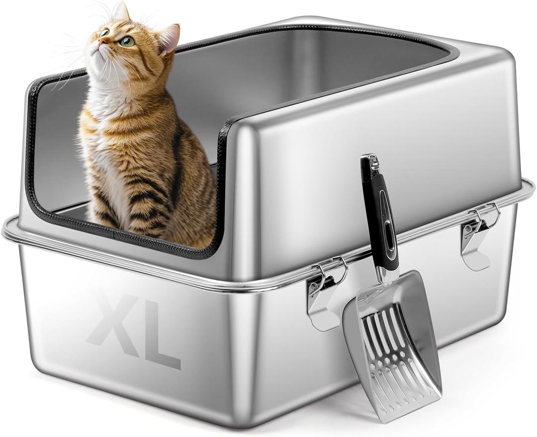 Stainless Steel Cat Litter Box, 19.7" L x 13.8" W x 11.8" H Large Semi Enclosed Removable Metal Litter Tray with High Sided Enclosure, Scoop, Anti-Leakage, Non-Sticky, Easy Cleaning