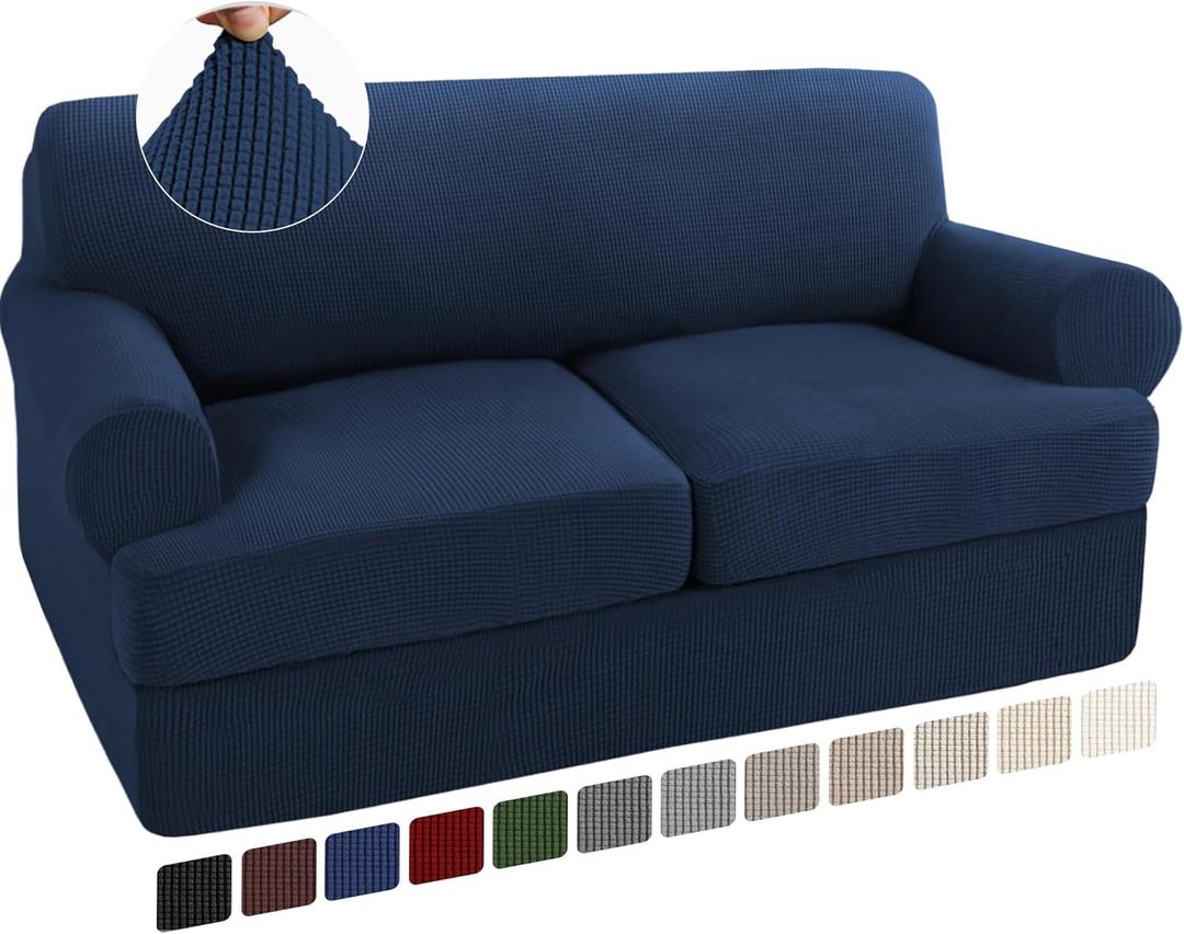 Turquoize 3 Piece T Cushion Loveseat Slipcovers Sofa Cover for 2 Cushion Couch Cover Washable Sofa Slipcover Furniture Covers with 2 Individual T Cushion Seat Covers (2 Cushion Loveseat, Navy)