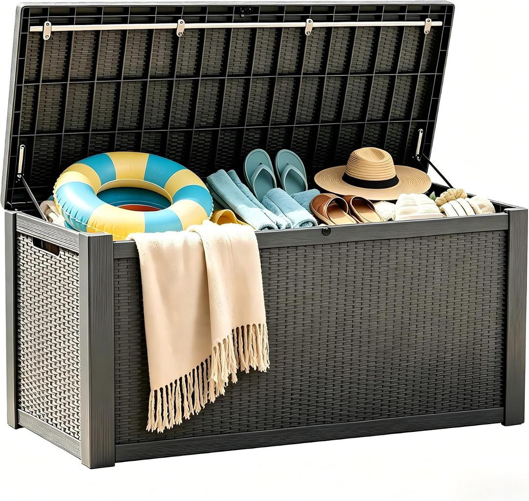 328 Gallon Waterproof Outdoor Storage Box, Heavy Duty Resin Deck Box Lockable, Large Outside Patio Storage Bench for Garden Tools & Pool Accessories,Hydraulic Lift, All-Season UV-Resistant, Gray Brown