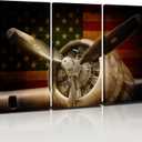 Airplane Wall Art Aviation Decor Vintage Airplane Propeller Pictures Retro American Flag Photo Prints Aircraft Aviation Engine Canvas Painting Artwork Mens Bedroom Office Home Decoration 16x32" 3Pcs