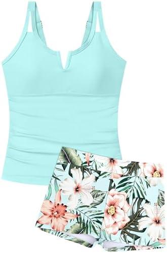 TyeSmo Girls Swimsuit V-Neck Cutout Tankini Tropical Print Swimwear with Shorts 2 Piece Bathing Suit for Girlssi 11-12 Y