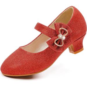 Dufannie Girls Dress Shoes Low Heel Princess Flats Mary Jane Flower Wedding Party Glitter Shoes for Kids Toddler (1 Big Kid, Generous Shimmer Red)
