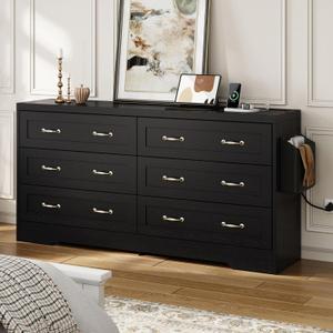 DWVO 59" W 6 Drawers Dresser, Large Chest of Drawers, Black Retro Wood Rattan Dresser with Large Rattan Drawers, Storage Organizer Unit with Dual Tip-Resistant Kits for Living Room