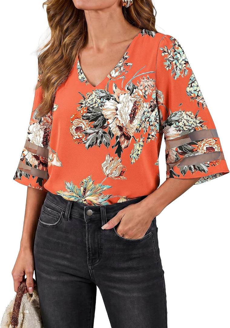 LookbookStore Women's V Neck Mesh Panel Blouse 3/4 Bell Sleeve Loose Top Shirt (M)