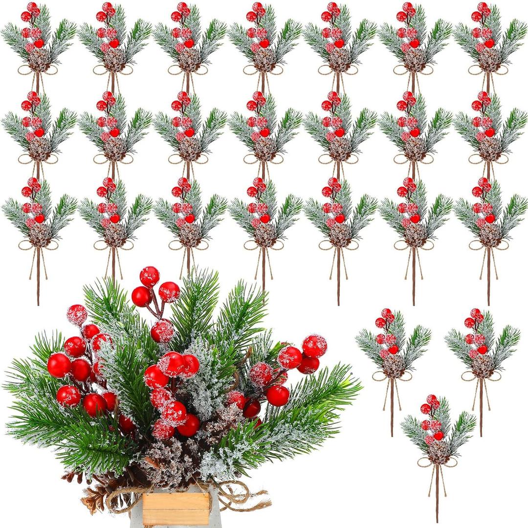 Dingion 24 Pcs Christmas Floral Pine Cones for Crafts Red Berry Stems Artificial Evergreen Pine Branches with Snowflakes Flocked Holly Christmas Holiday Floral Picks for DIY Xmas Tree Winter Decor