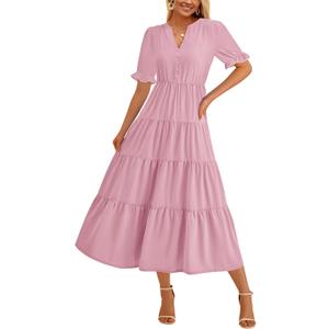 PRETTYGARDEN Women's Summer Casual Short Sleeve V Neck Midi Dresses 2025 Spring A-line Tiered Wedding Guest Dress, S